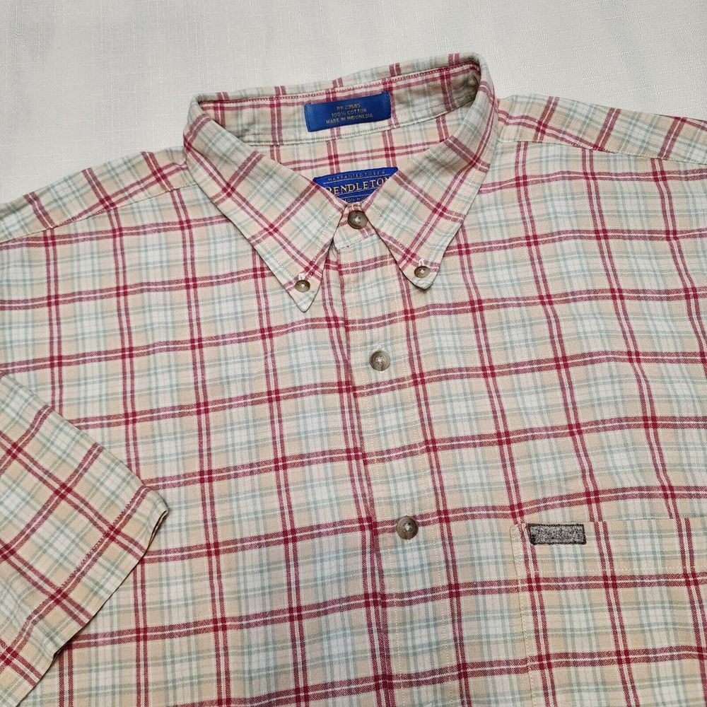 Vintage Pendleton Shirt Mens L Button Short Sleeve Tan Red Plaid‎ Light Cotton